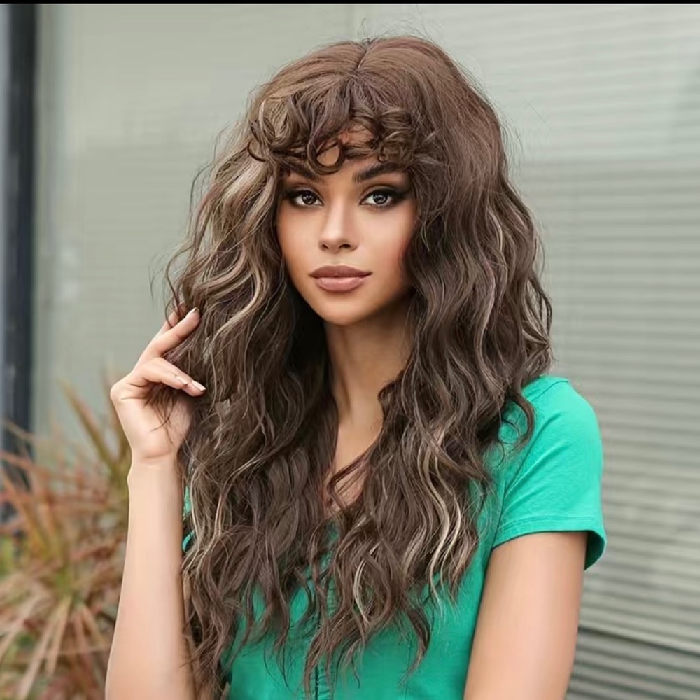 Human hair blend brown highlights blonde curly wavy wig.